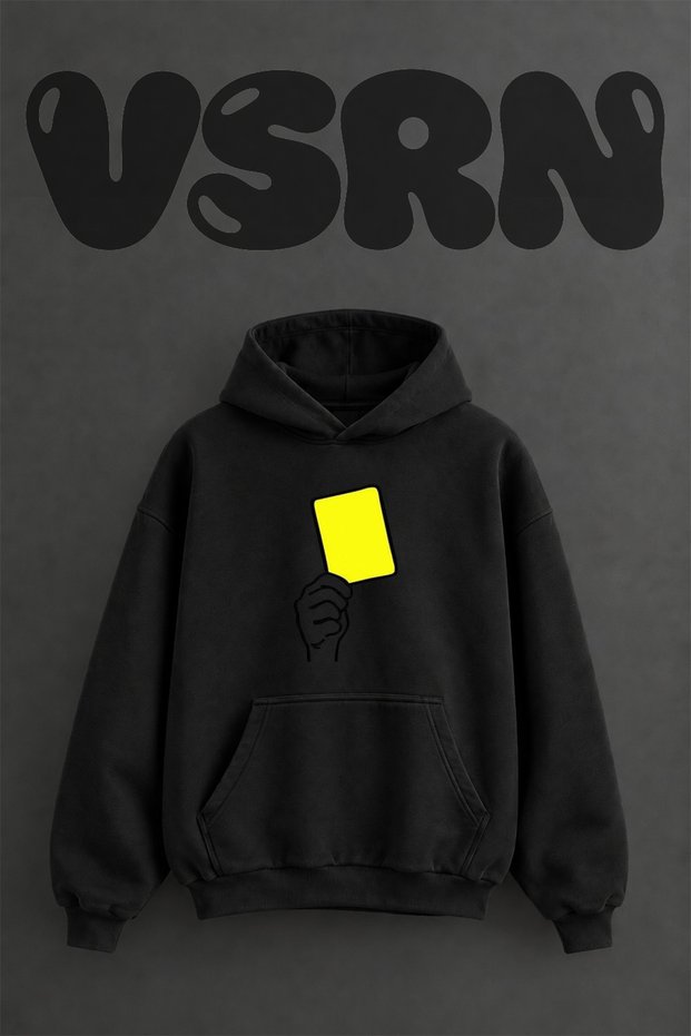 Yellow Card Design Pre-Printed Oversize Black Hooded Sweatshirt