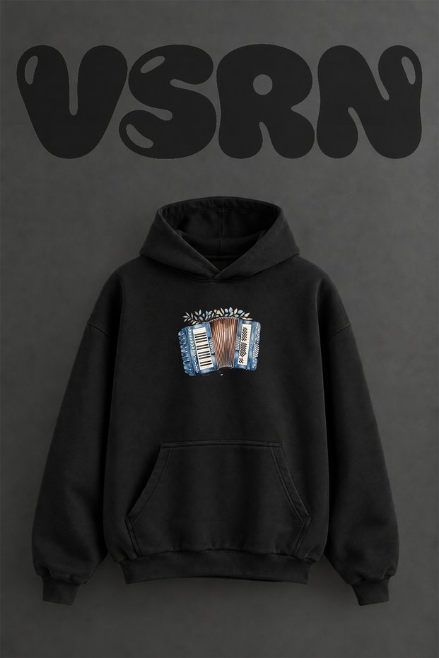 Accordion Design Pre-Printed Oversize Black Hooded Sweatshirt