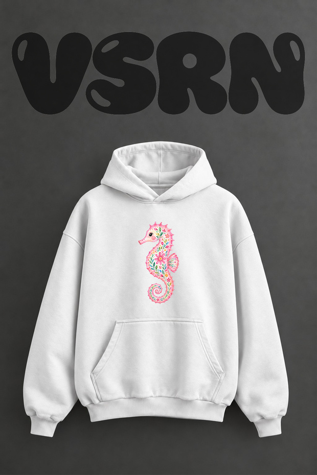 Seahorse Floral Design Pre-Printed Oversize White Hooded Sweatshirt