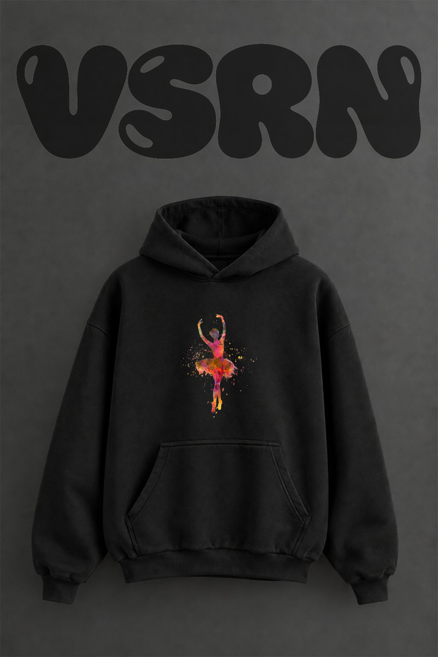 Watercolor Ballerina Design Pre-Printed Oversize Black Hooded Sweatshirt