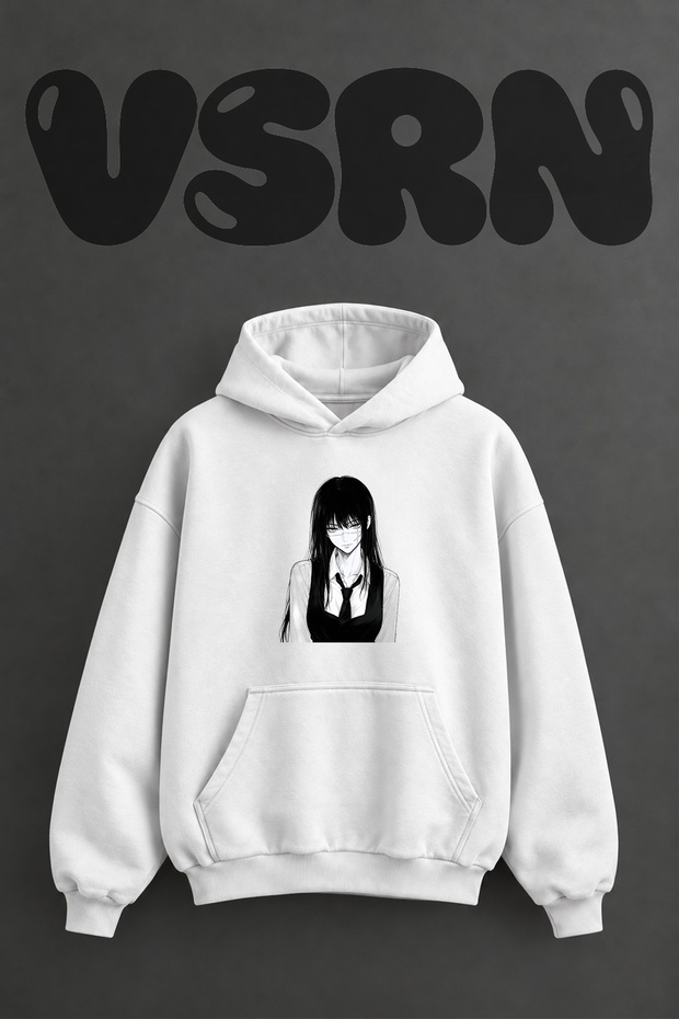 Yoru Chainsaw Man Design Pre-Printed Oversize White Hooded Sweatshirt