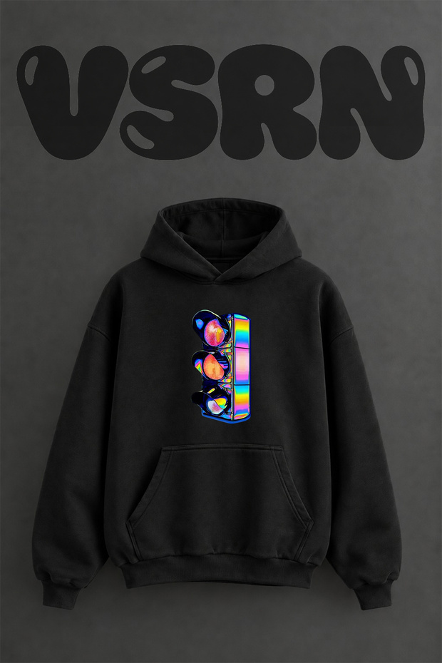 Neon Traffic Light Design Pre-Printed Oversize Black Hooded Sweatshirt