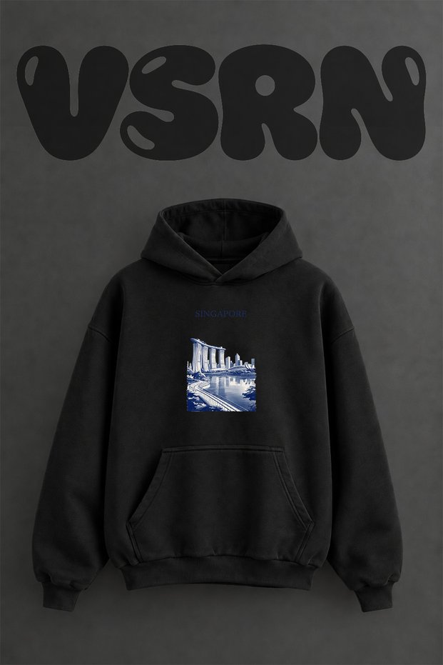 Singapore Skyline Design Pre-Printed Oversize Black Hooded Sweatshirt