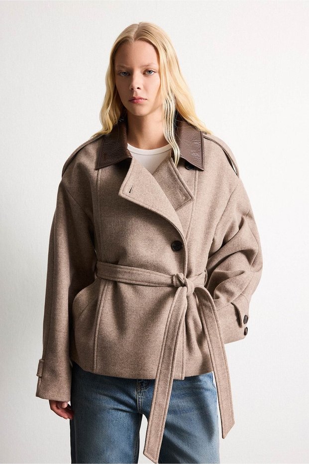 Regular Fit Leather Collar Detailed Belted Cashmere Coat H8595Ax26Wn