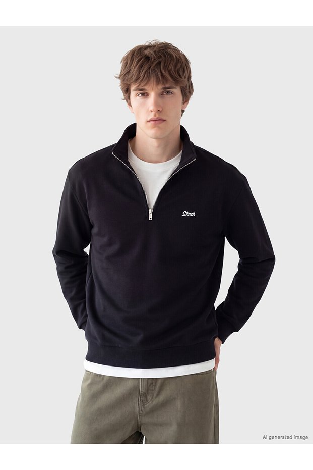 Peak New Season Black Stand Collar Embroidered Men's Sweatshirt