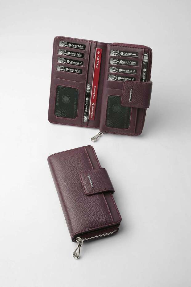 Genuine Leather Women's Wallet with Horizontal Zipper and Magnet, Plum - 65280
