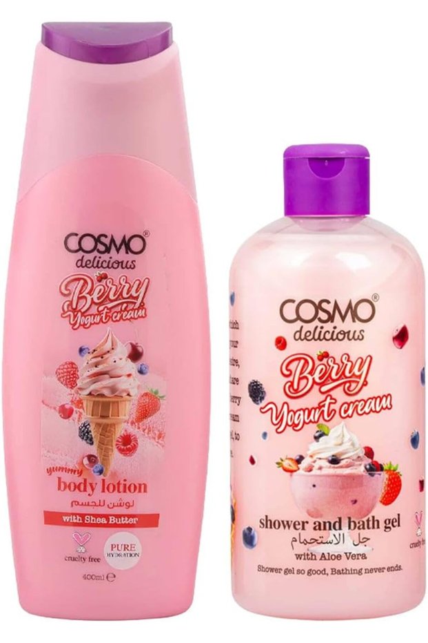 Cosmo Delicious Berry Yogurt Cream Bath & Body Care Combo | Shower & Bath Gel 500ml & Yummy Body Lotion 400ml | Aloe Vera & Shea Butter | Pure Hydration & Creamy Berry Scent | For Men & Women