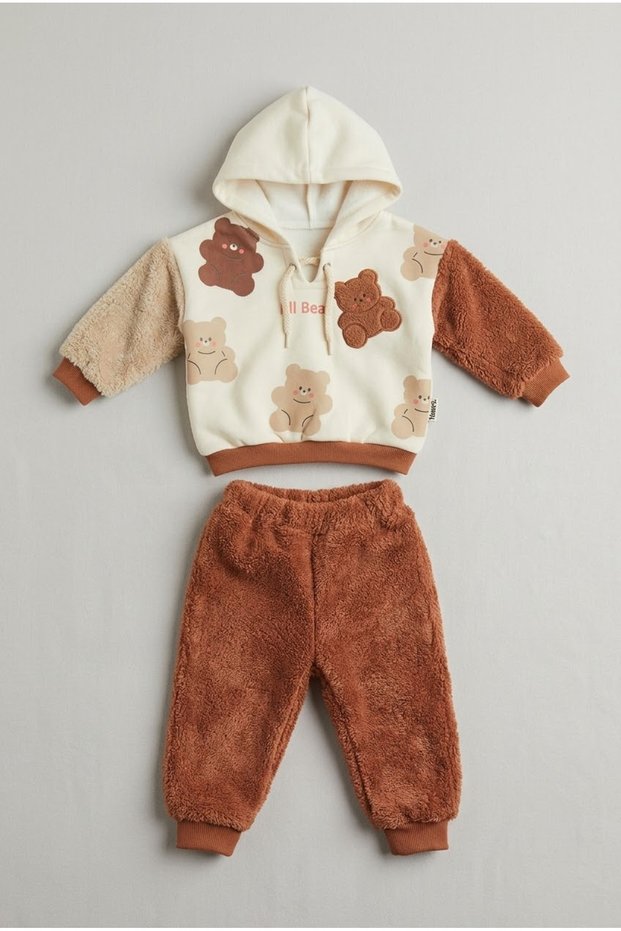Baby Teddy Bear Printed Plush Detailed Hooded Tracksuit Set Unisex