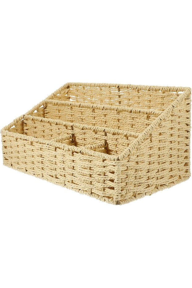 Boho Woven Storage Basket Organizer with Lid,Multi-Grid Tabletop Sundries Holder for Home and Office