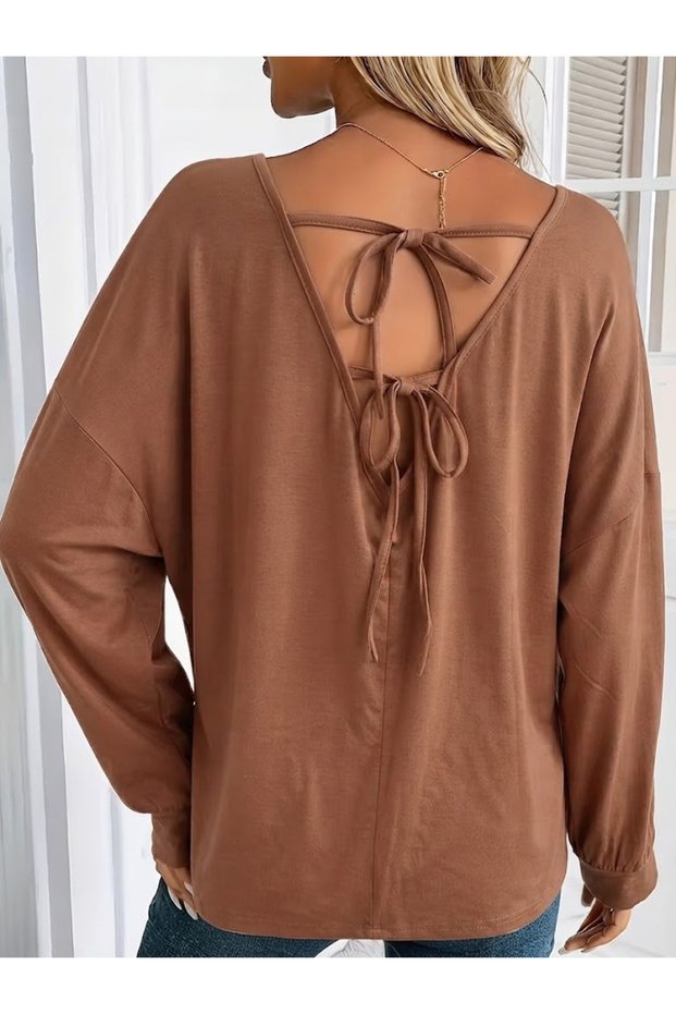 Women's long sleeve v neck batwing sleeve lace up back viscose blouse