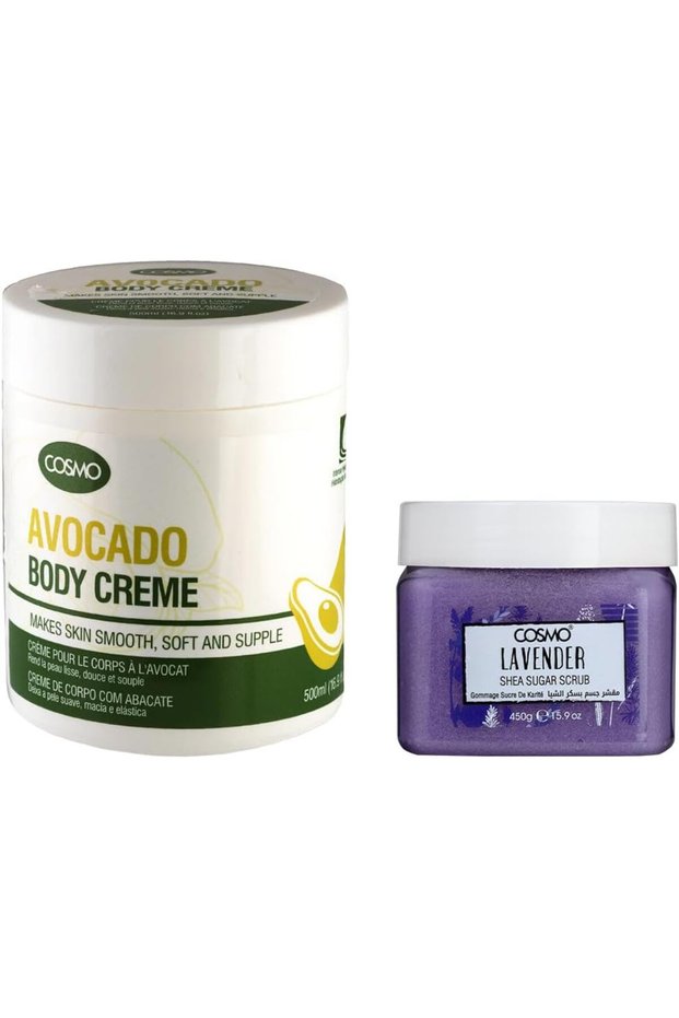 Cosmo Bath & Body Set Avocado Body Cream 500ml & Lavender Shea Sugar Scrub 450g Combo | Hydrate | Moisturizer | Brightening | Fast Absorbing | Non Greasy | Deep Exfoliate Scrubber | For Men & Women