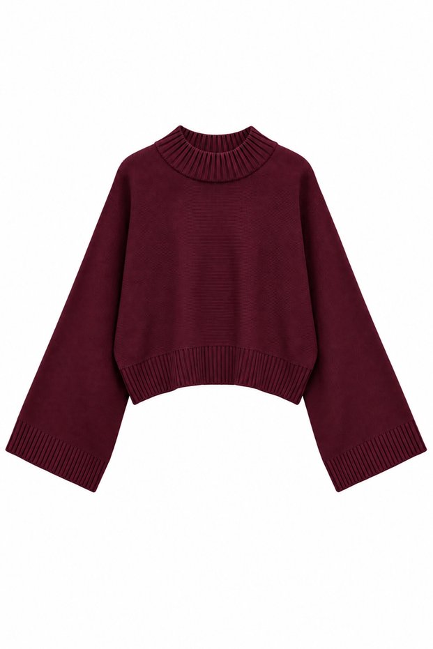 Wide Sleeve Short Crop Knit Sweater Burgundy