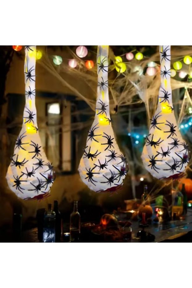 Halloween Light Up Spider Egg Sacks Hanging Decoration Set of 3, LED Spider Egg Pouch Ornament, Spooky Yard Porch Scene Decoration