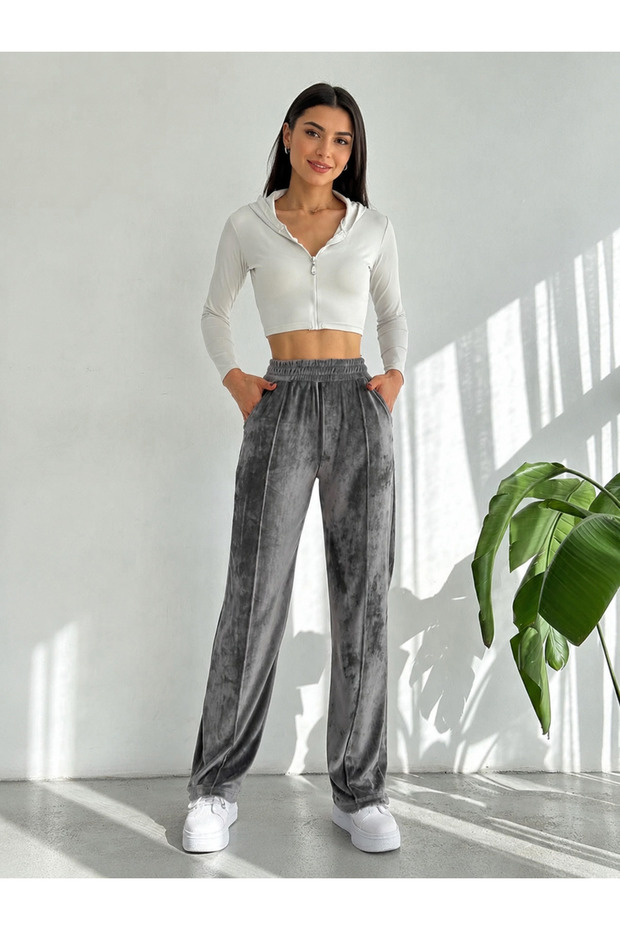 Women's High-Waist Velvet Baggy Pants with Topstitch