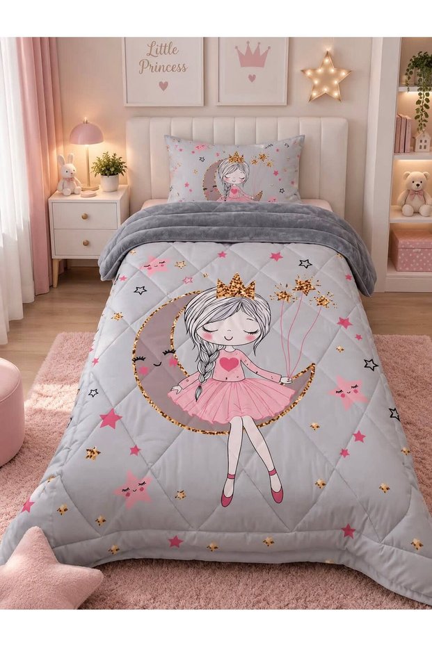 Girl Sitting on the Moon Themed, Single Welsoft Quilt Double-Sided Sleeping Set (with Gray Sheets)