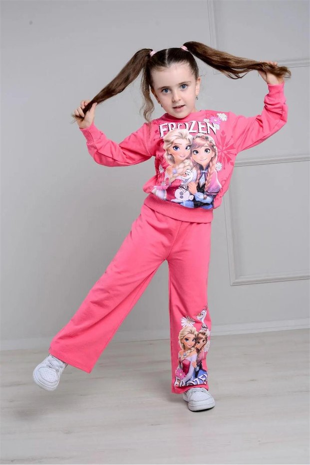 Girl's Patterned 2-Yarn Wide-Leg Sweatpants Set - 2034