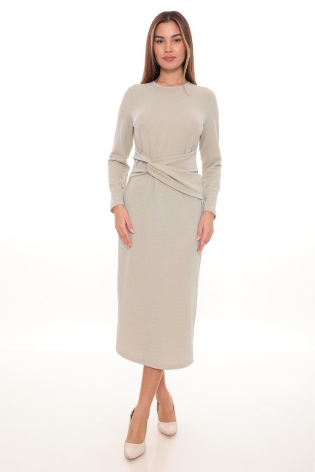 Silvery Cross Detail Midi Dress – Stone Color