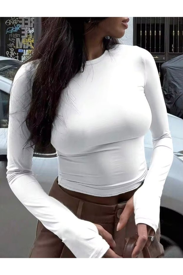 Diver Fabric Finger Detailed Crew Neck Blouse G-9134
