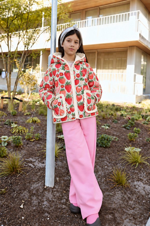 Girl's Strawberry Patterned Quilted Coat | Water Repellent Outer Fabric, 100% Cotton Muslin Lined, Hooded