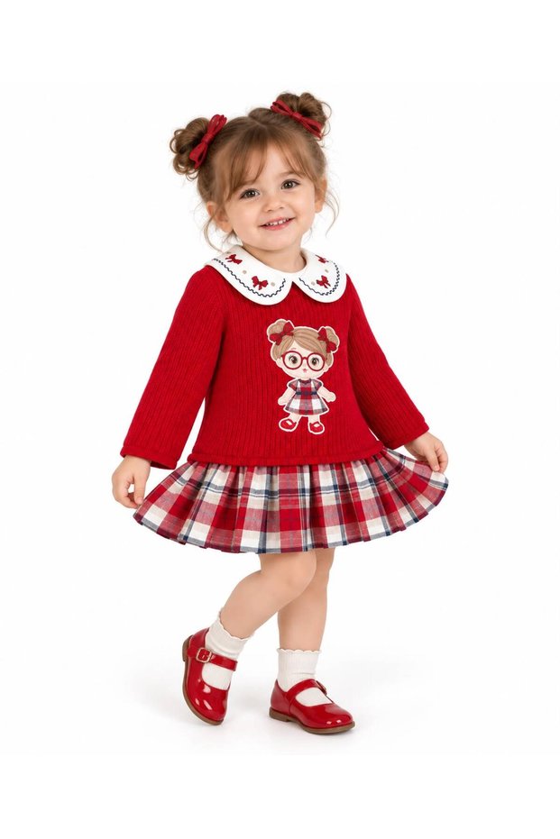 Girl's Red Knitwear Dress with Plaid Skirt and White Bow Collar Stylish Design