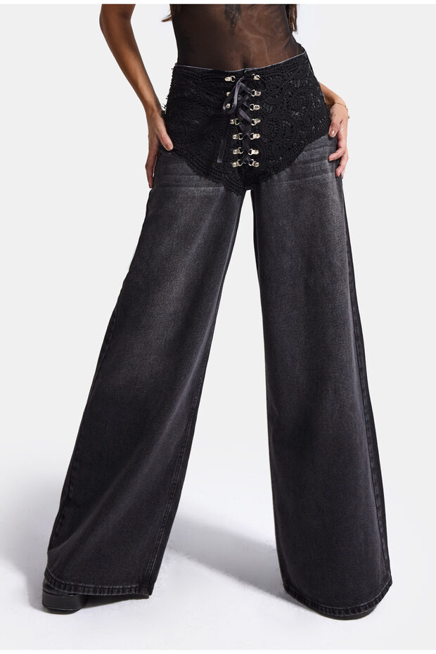 Women's Dark Smoked 2W6-1 Palazzo Fit Special Design Denim Jeans