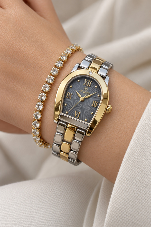 Women's Wristwatch 25mm Gold and Silver Color Steel Band Smoked Dial - with Special Box and Bracelet Gift.Hm28977S01-5