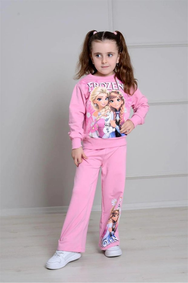 Girl's Patterned 2-Yarn Wide-Leg Sweatpants Set - 2034