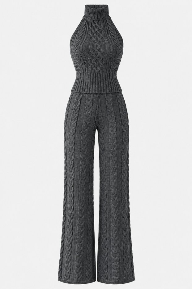 Anthracite Knitted Pattern Blouse Pants Set - 2Y3009