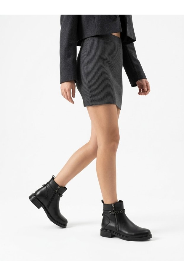 Artı-Artı001/Fl-1012 Genuine Leather Women's Daily Wear Chain-Zipper Black Boots