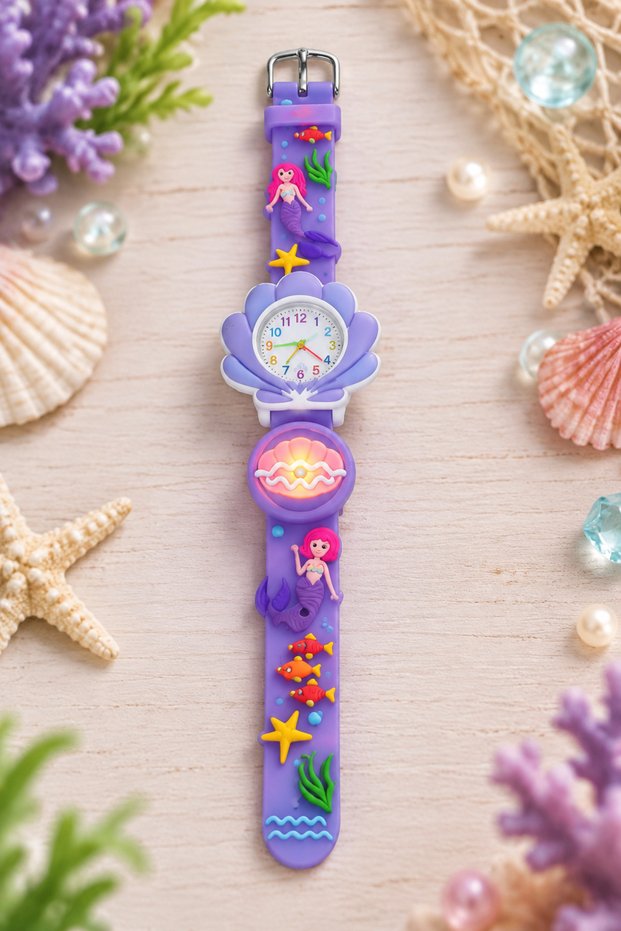 Children's Wristwatch with Lighted Purple Mermaid Figure, 3D Embossed Silicone Strap Analog Watch (Without Box)