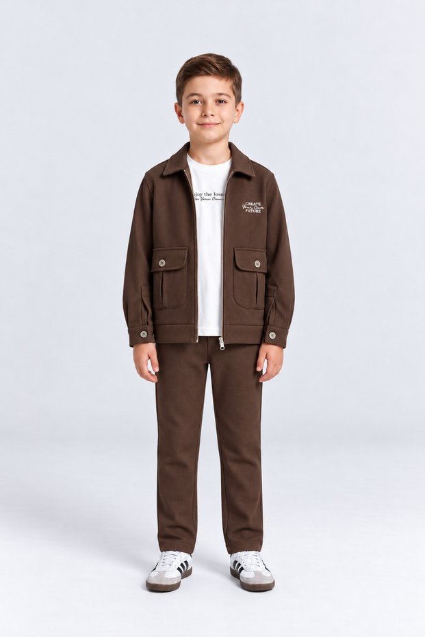 Boy's 3-Piece Set Textured Zippered Jacket Printed T-Shirt Ak6245