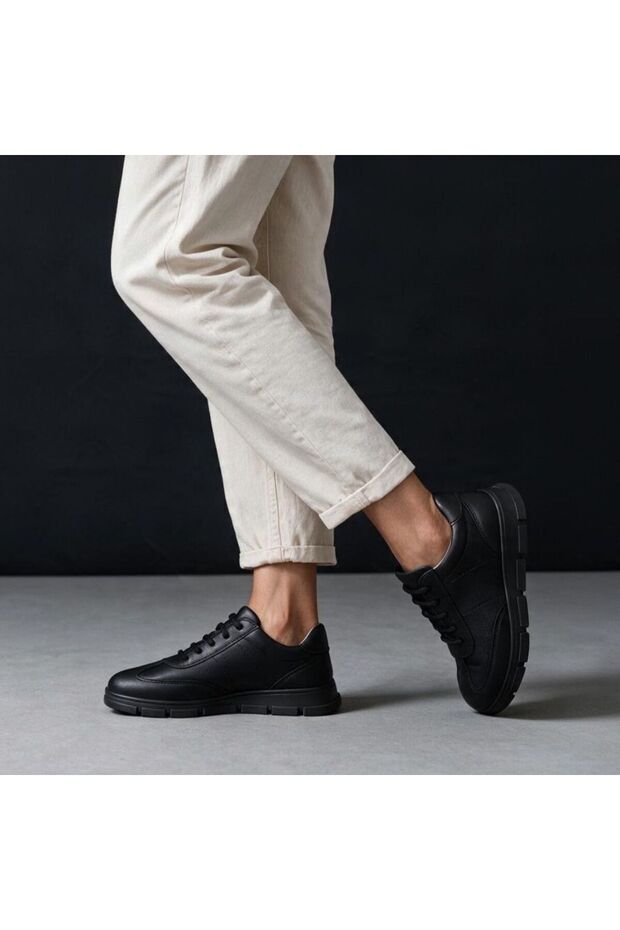 Black Leather Lace-Up Women's Sneaker Shoes