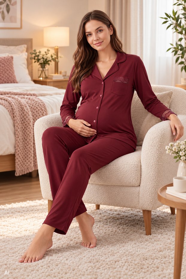 Maternity Viscose Pajama Set, Buttoned, Long Sleeve, Breastfeeding Compatible Homewear M-Xxl 25-20