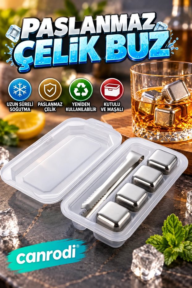 Reusable Stainless Steel Ice Cube Set of 4 with Tongs and Storage Box Beverage Cooler Cube