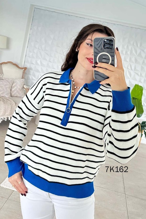 Polo Collar Striped Knitwear Blouse 7K162