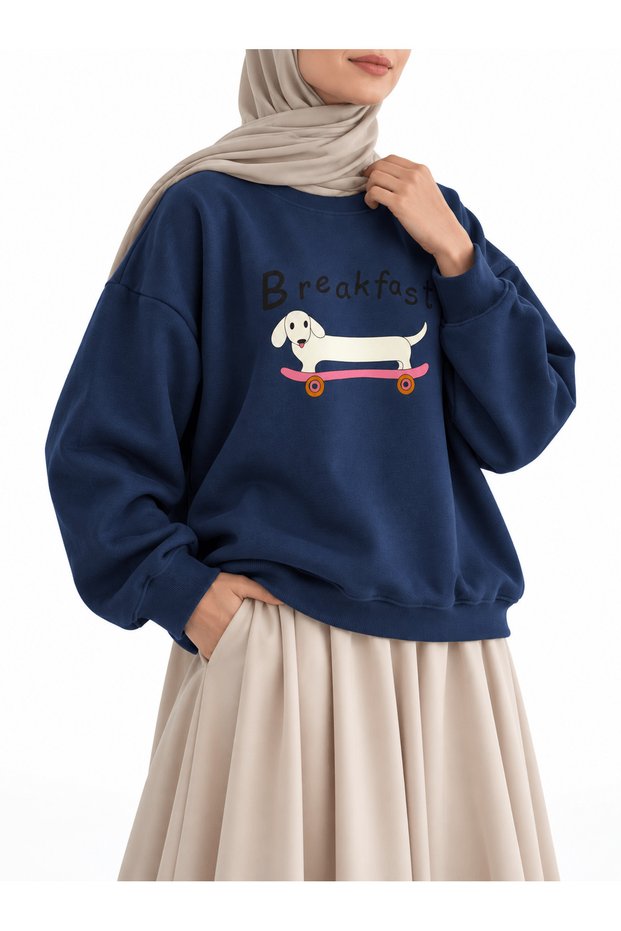 Dog Themed Three-Thread Sweatshirt - Light Navy Blue