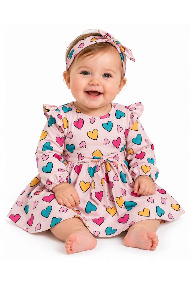 3-18 Months Baby Girl White Heart Printed Belted Dress and Bandana Set