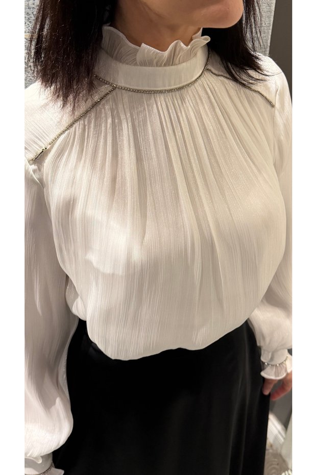 Women's Cream Ruffled High-Neck Shirt with Sparkle - Organza, Stylish Blouse with Stone Stripe Detail Lining