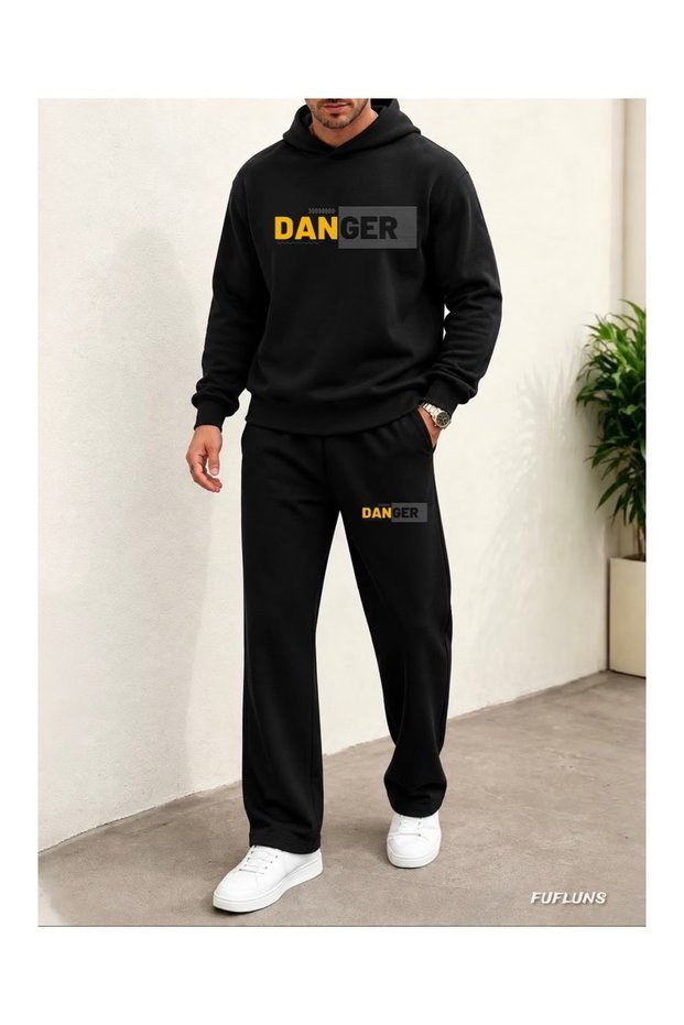 Danger Printed Men's Hooded Top/Bottom Tracksuit Set