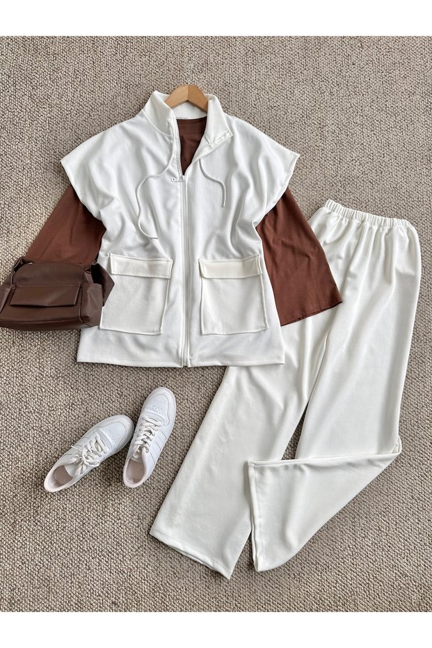 Pocketed Vest and Trousers Set - White
