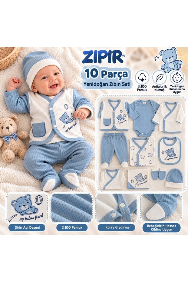 10 Piece Boxed Blue Men's Cotton Antiallergic Patterned Newborn Child Baby Hospital Release Bodysuit Set 0-2 Years Old