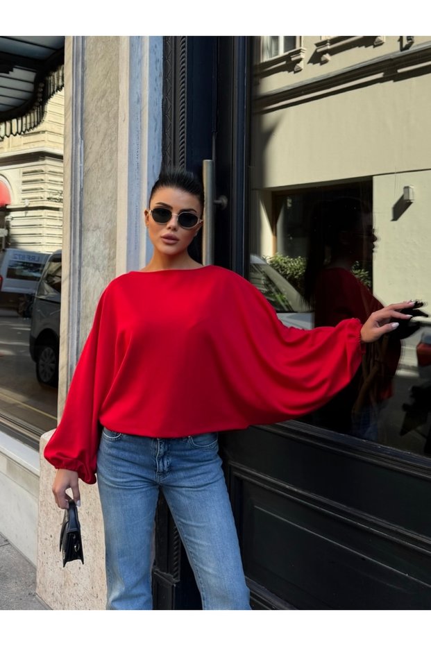 Women's Red Boat Neck Bat Sleeve Oversize Modal Blouse