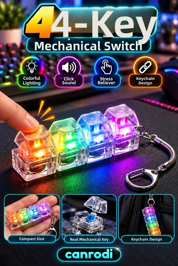 4-Key Mechanical Keychain – Colorful Light-Up Fidget Toy with Clicking Sound