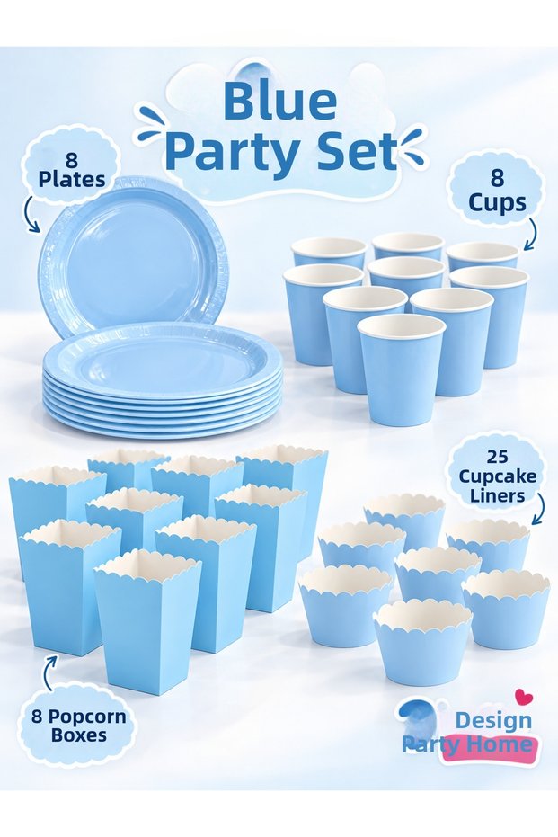 Blue Party Tableware Set for 8 People, 49 Pieces, Plates, Cups, Corn Box and Cupcake Wrappers