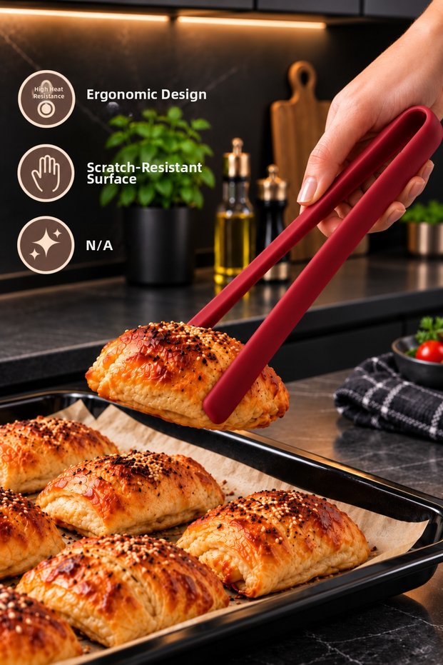 Silicone Tongs – Heat-Resistant Kitchen Tongs, Suitable for Non-Stick Surfaces, Serving and Dough Handling Tool