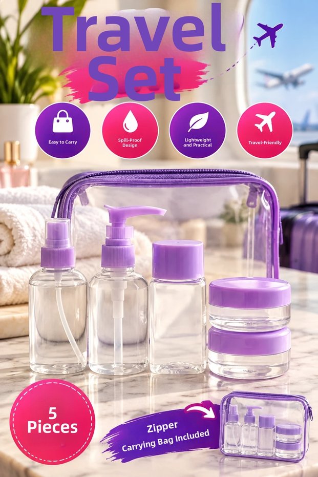 5-Piece Transparent Travel Cosmetic Bottle and Case Set – 30 Ml, with Zippered Carrying Bag