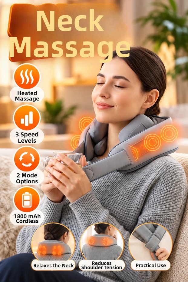 Heated Wireless Neck and Shoulder Massager – 1800 Mah, 3 Speeds and 2 Modes