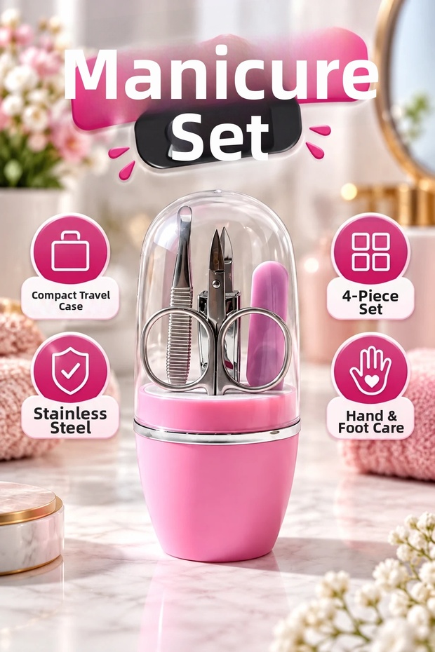 4-Piece Manicure Pedicure Nail Care Set – Pink Compact Carrying Case