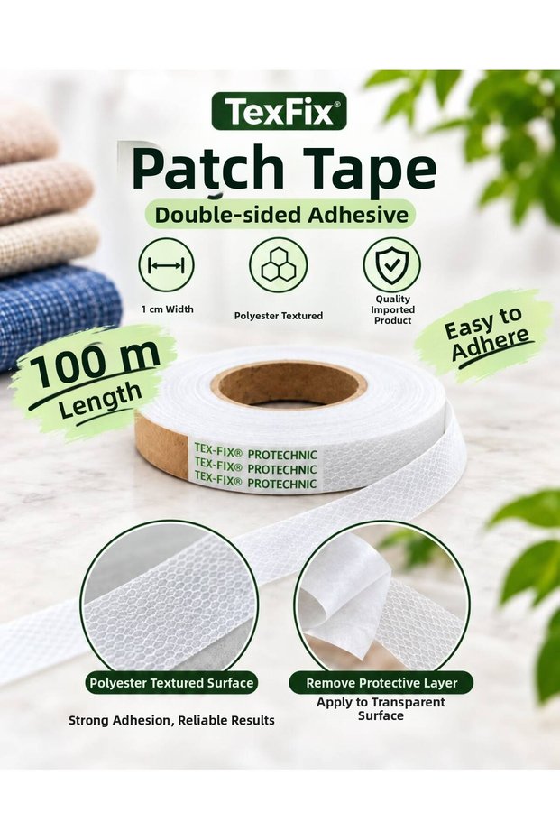 Texfix Paça Telası 1 cm Wide 100m Roll, Honeycomb Textured Double-Sided Adhesive Tape
