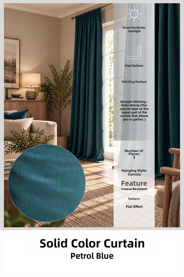 Petrol Blue Background Curtain | Room Blackout Sunshade | Textured Fabric with Effects | Modern Stylish Design